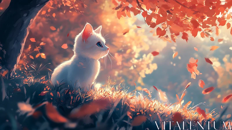 White Feline Under Autumn Canopy With Falling Leaves
