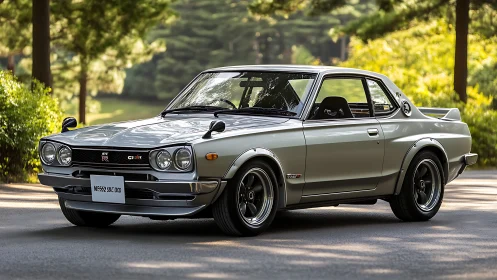 Vintage silver coupe in sunlit parkway automotive portrait.