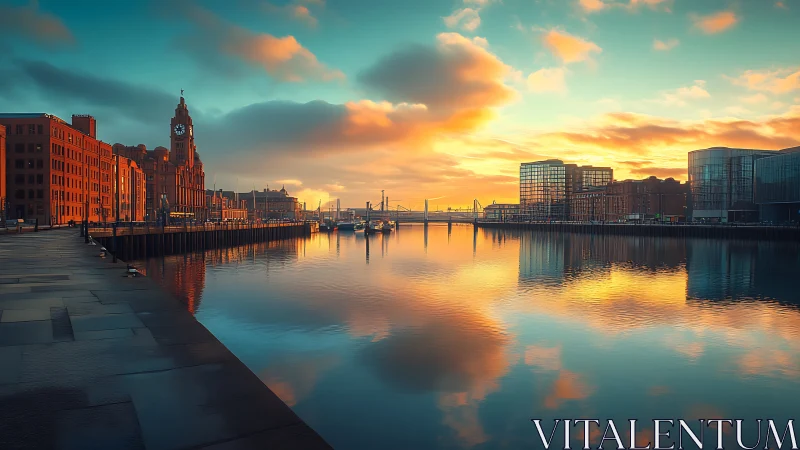 Golden sunrise glows over a calm city waterfront harbor
