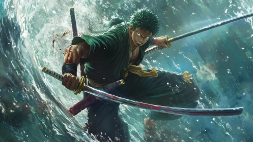 Triple-blade storm dancer cleaves through the roaring sea