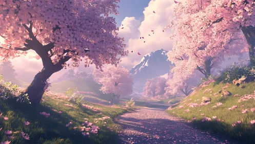 Procedural cherry blossom valley under volumetric spring light.