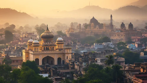 Golden sunrise light bathes domed temple above hazy city