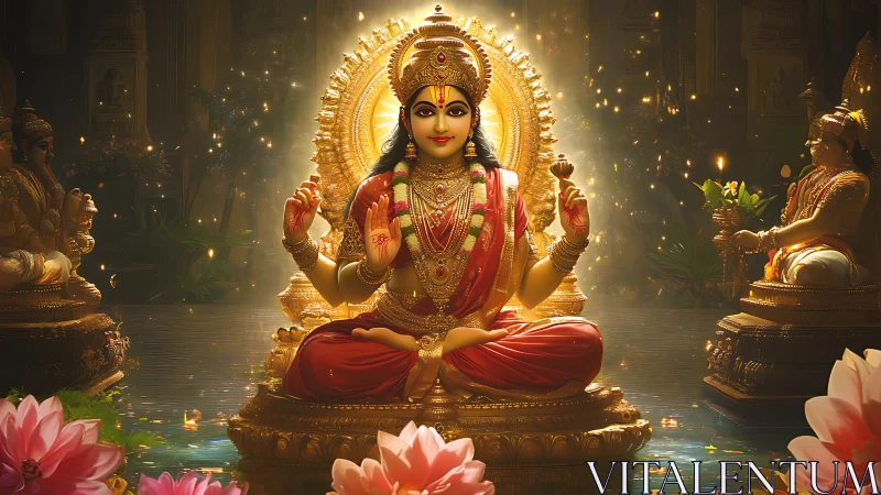 Golden goddess of lotuses glows over a shimmering temple pool