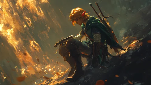 Golden embers crown the weary forest hero in twilight calm.