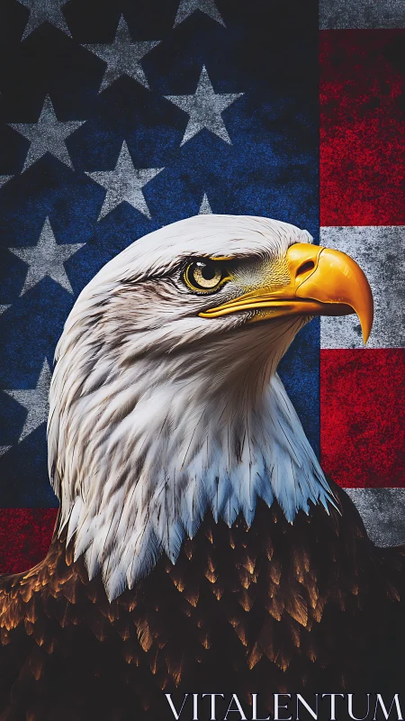 Bald eagle portrait before textured American flag backdrop.