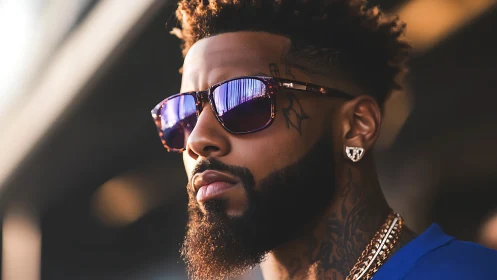 Urban portrait with reflective sunglasses and warm bokeh glow.