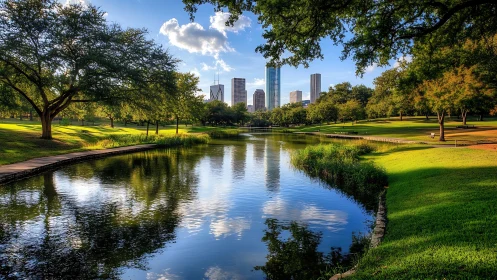 Urban skyline reflected across tranquil lakeside parkland
