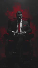 Man in dark suit sits on ornate chair against red smoke