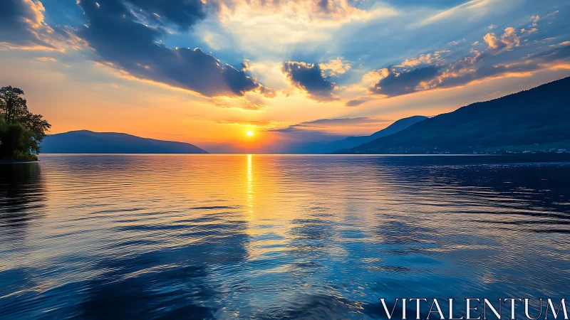 Sunset over calm lake with distant mountains and clouds.