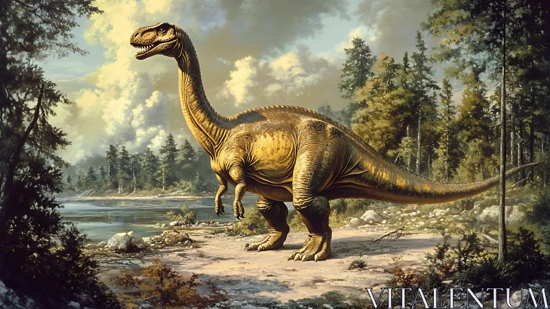 Sauropod dinosaur in lush prehistoric riverside forest.