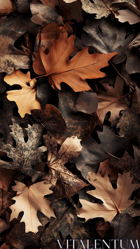 Autumn oak leaf pattern over muted forest ground cover.