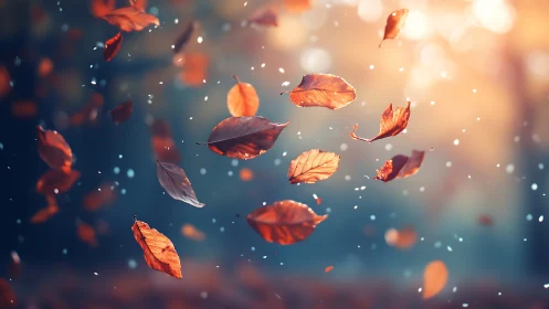 Golden autumn leaves drifting through soft evening light.