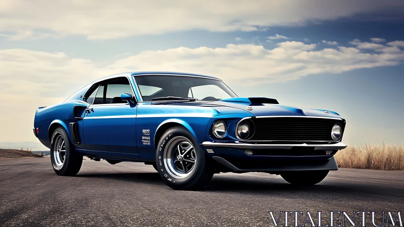 Vintage blue muscle car on open highway in dramatic light.