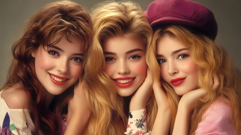 Sunlit trio of retro glam muses in soft focus radiance.