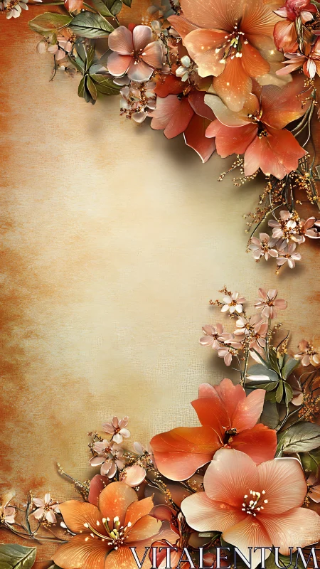 Layered floral composition with dimensional rendering and warm terracotta tonality.