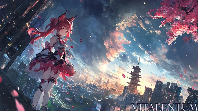 Crimson horned girl above neon city and sakura skies at dusk.