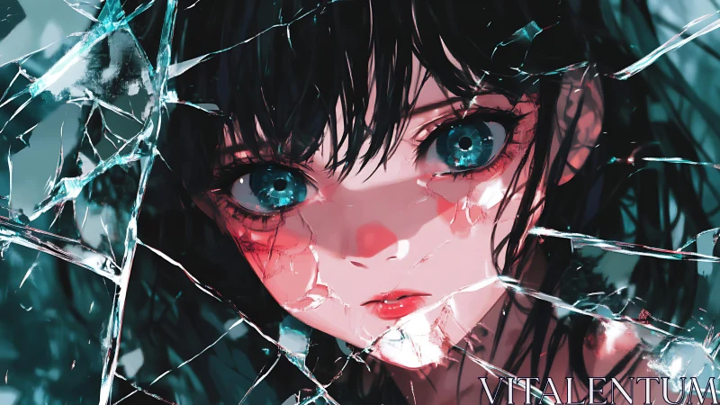 Shattered gaze of blue-eyed girl through broken glass.