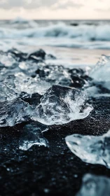 Clear ice fragments on dark volcanic shoreline at surf edge.
