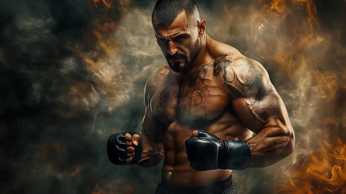 Shirtless mixed martial artist in gloves amid smoky flames.