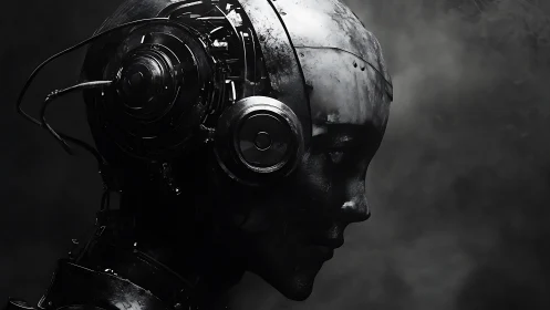 Metallic humanoid head with exposed mechanical headset components