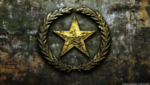 Weathered gold star emblem contrasts with corroded metal wall