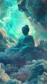 Celestial Buddha sculpture floats within radiant turquoise clouds.