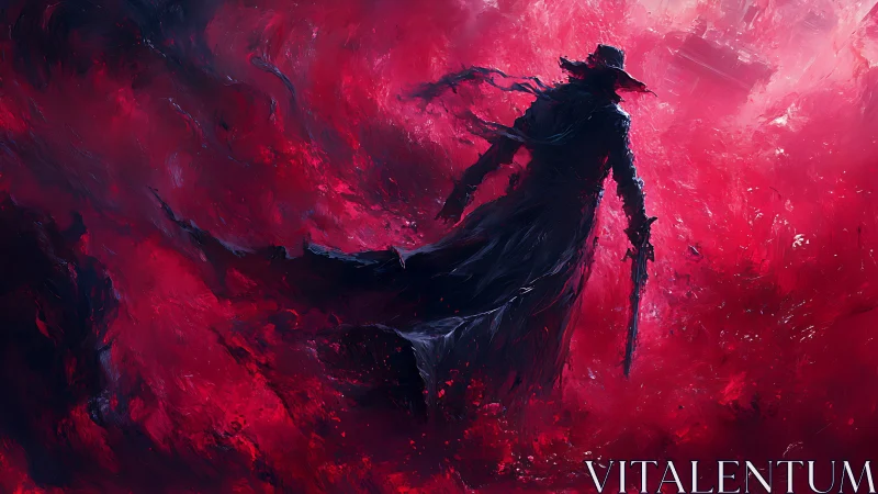 Shadowed gunslinger strides through swirling crimson void