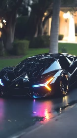Low black supercar with neon lights on wet suburban road.