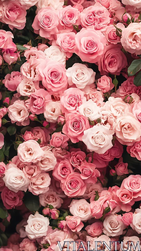 Lush Garden of Pink Roses in Full Bloom.