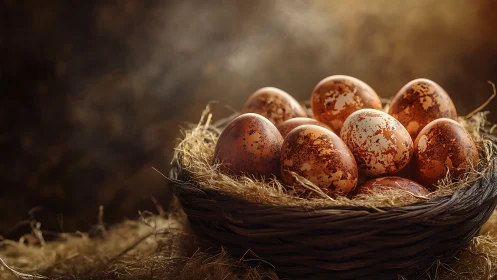 Cozy speckled eggs resting in a softly lit country nest.