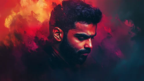 Digital male portrait with red and blue abstract smoke background.