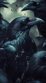 Brooding raven close-up amid swirling, stormlit flock.