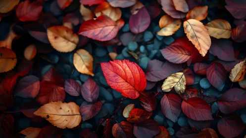 Red autumn leaf centered among scattered fallen foliage.