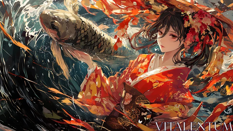 Graceful kimono maiden holds a koi amid swirling waters