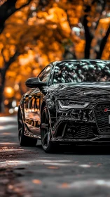 Black performance car is parked on a shaded tree-lined road
