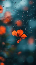 Orange flower under raindrops against teal bokeh background.