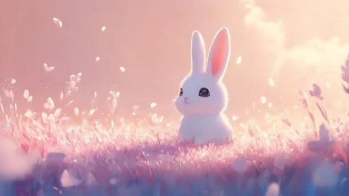 Pastel white rabbit in luminous pink flower meadow at dawn.