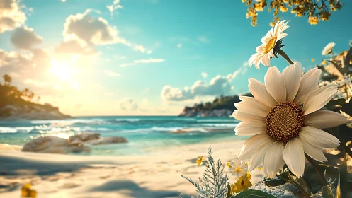 Sunlit coastal sunflowers under teal sky at golden hour.