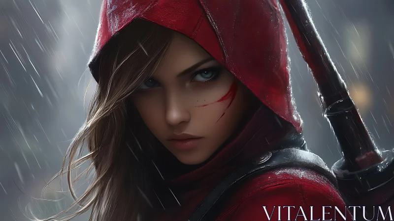 Hooded female warrior in rain rendered as photoreal portrait