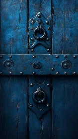 Midnight blue fortress door with twin iron ring knockers.