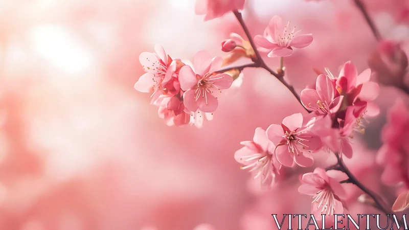 Gentle cherry blossoms glowing softly in warm spring light.