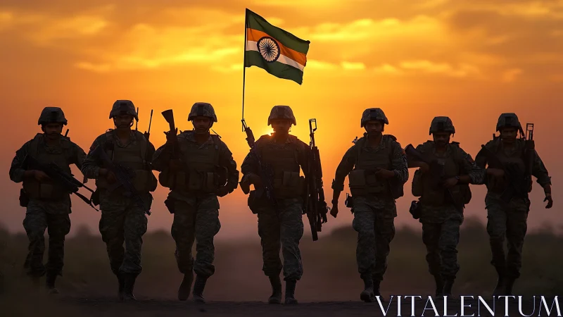 Indian soldiers walking in formation at sunset with flag.