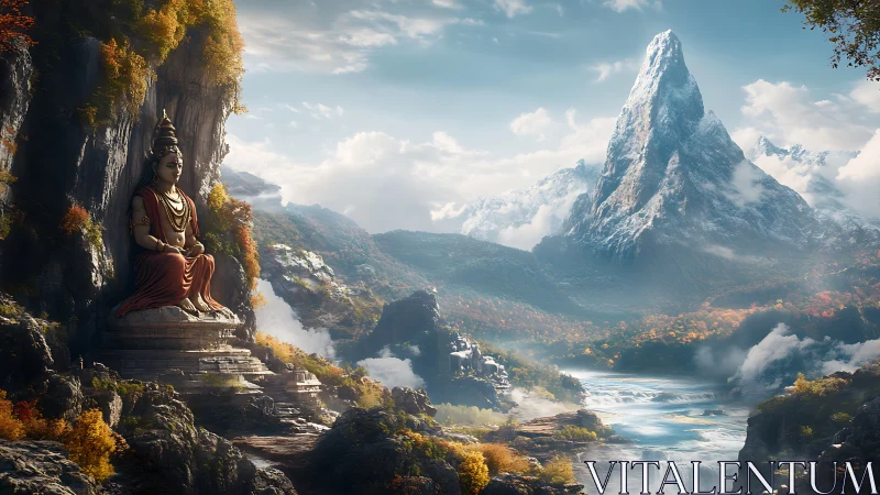 Monumental cliffside Buddha anchors a luminous alpine valley