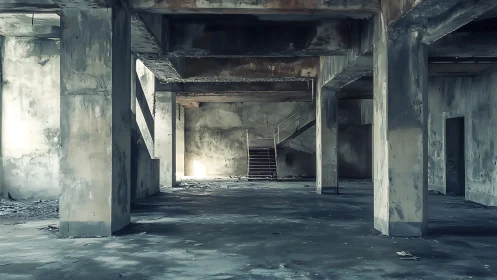 Silent concrete cathedral of an abandoned industrial hall.