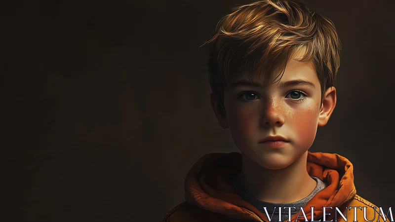 Young boy with sandy hair against dark background study.