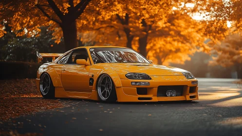 Golden drift fox idling low beneath a blazing autumn canopy.