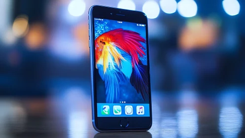 Smartphone with vivid fish wallpaper stands on reflective surface