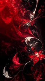 Crimson fractal flowers swirl through luminous dark void.