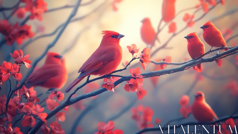 Vibrant red cardinals on blossoming branches in dreamy soft focus.