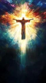 Radiant robed figure rising through a cascading skyburst.